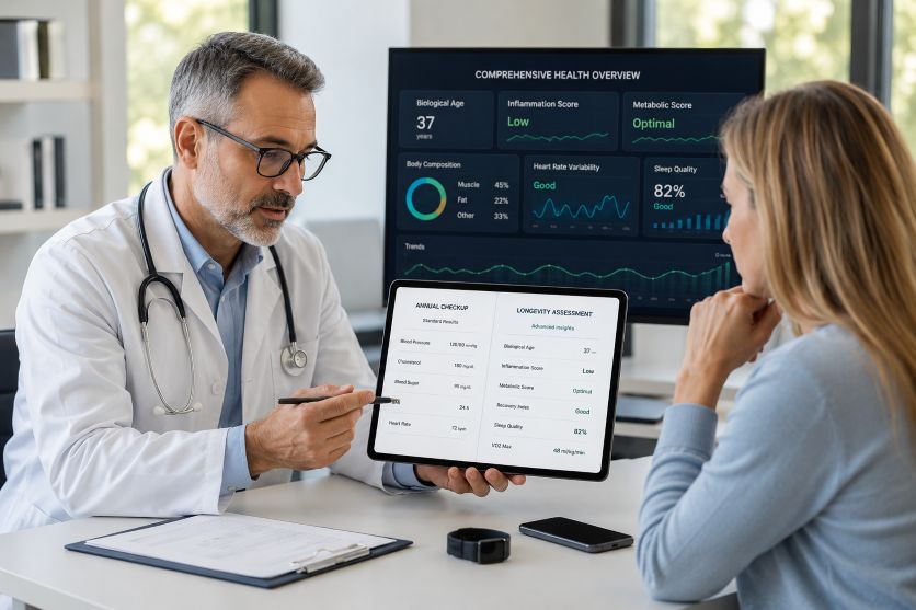 physician reviewing standard annual checkup results alongside advanced longevity assessment data